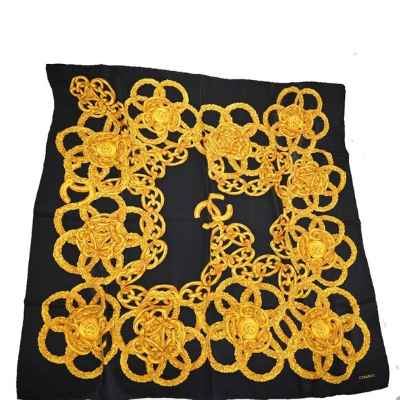 CHANEL CC Logo XL 96cm Scarf Handkerchief 100% Silk Black Italy - Picture 1 of 6